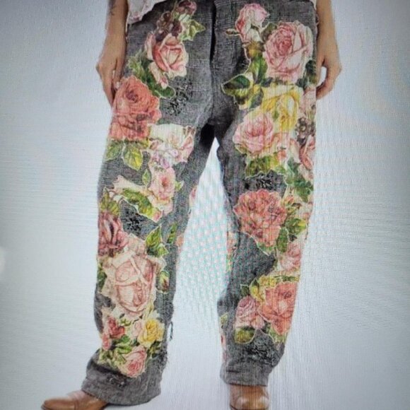 NWT MAGNOLIA PEARL PANTS 425 Applique Flower Miner Pink Floral Riley Black - Picture 2 of 6